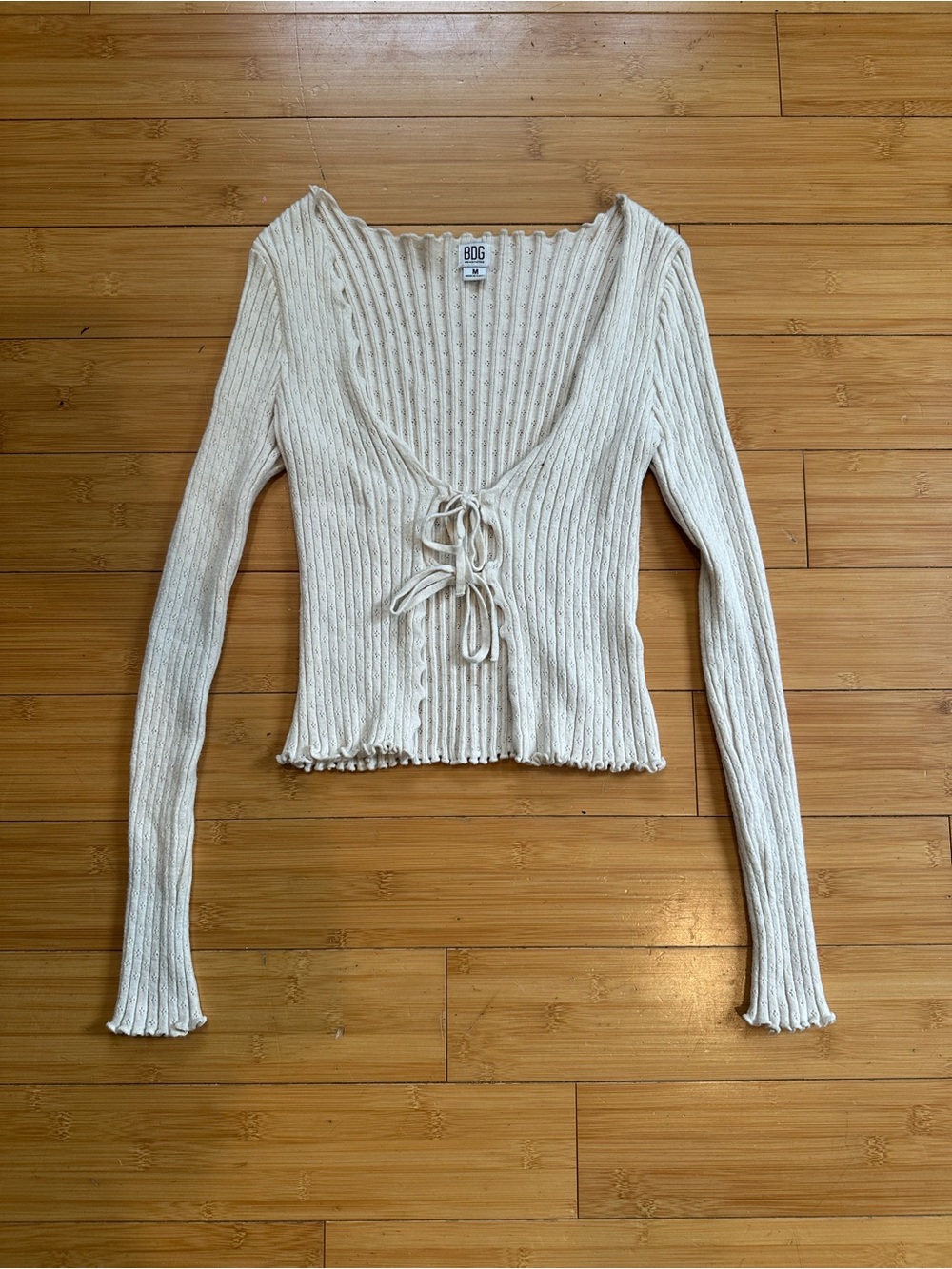 BDG Cream Ribbed Tie-Front Cropped Long Sleeve Top